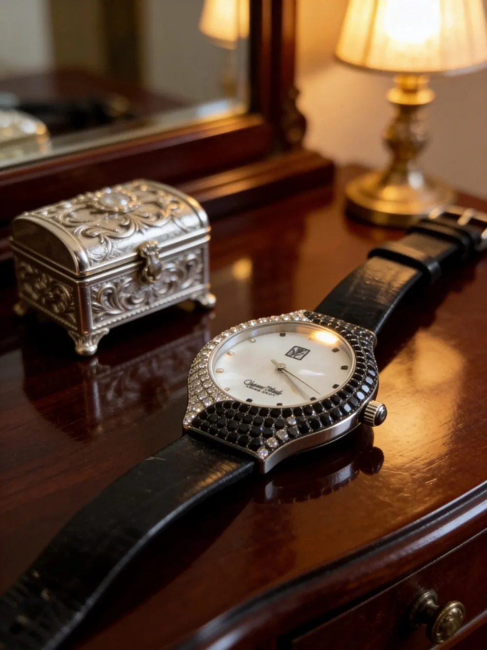 Elegant Black Leather Smartwatch with Crystal-Accented Bezel need battery
